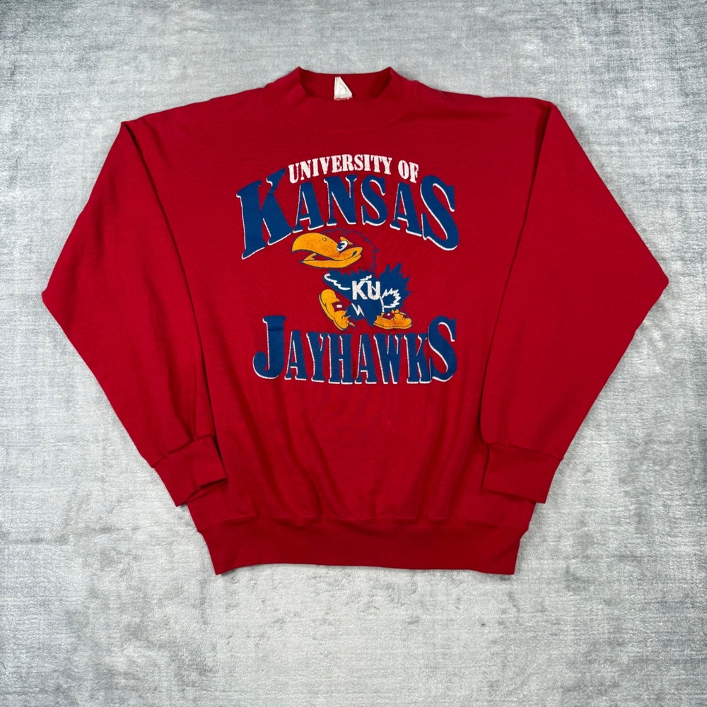 University of Kansas Jayhawks Sweatshirt Mens XL Red Vintage 80s NCAA Distressed